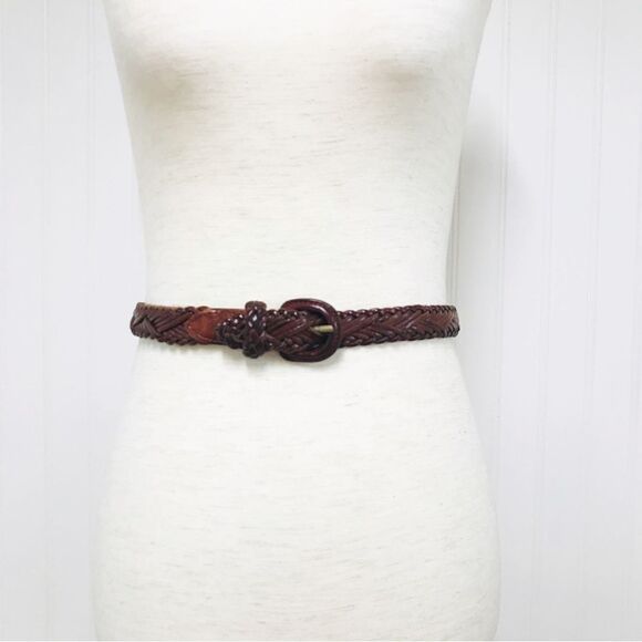 VINTAGE Y2K Brown Braided Genuine Leather Belt Woven Whiskey Cognac Size XS XXS - Picture 2 of 10